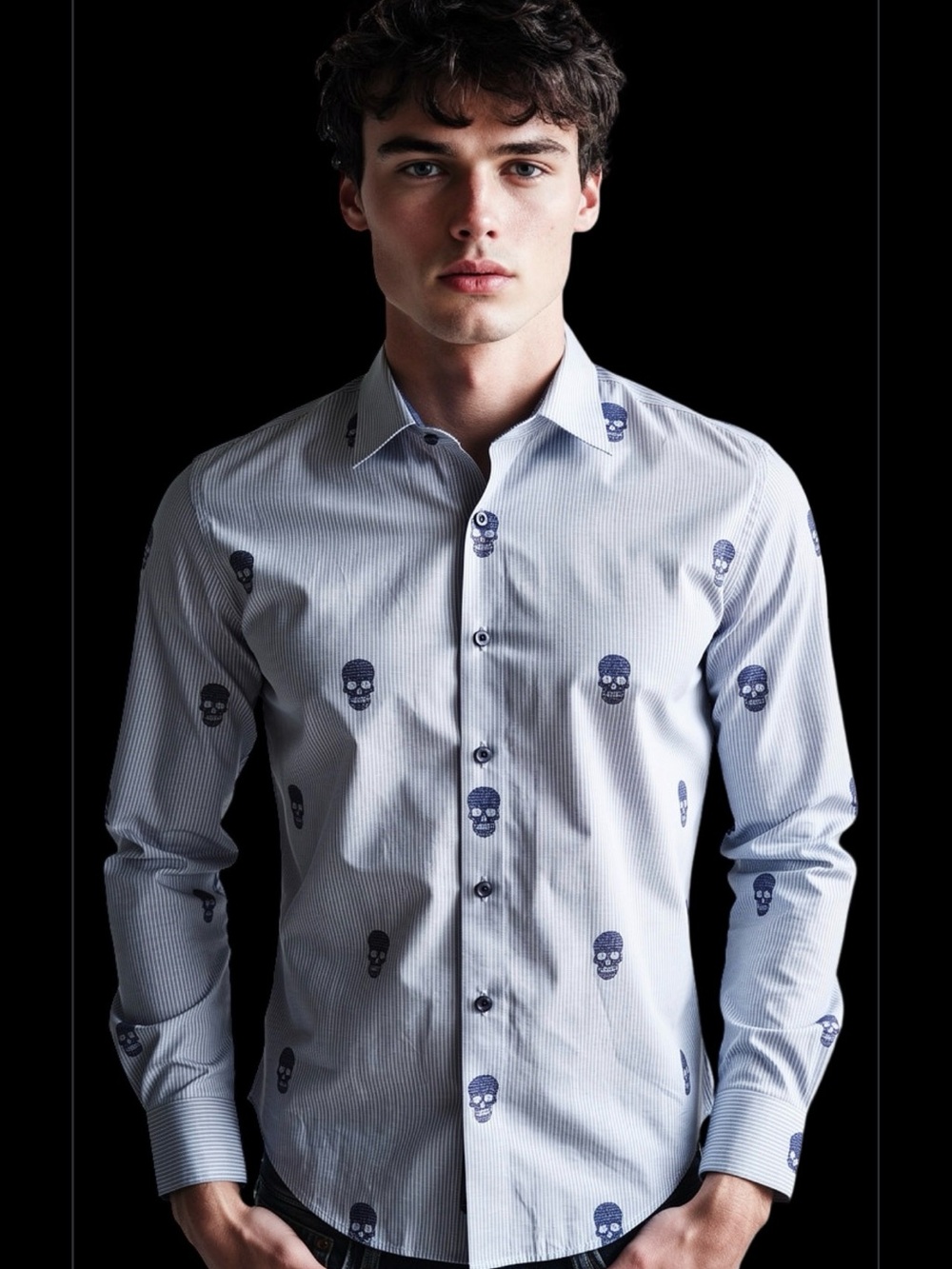 Bugatchi Button Up Shirt Mens M Classic  Fit Long Sleeve Skulls Navy & White
